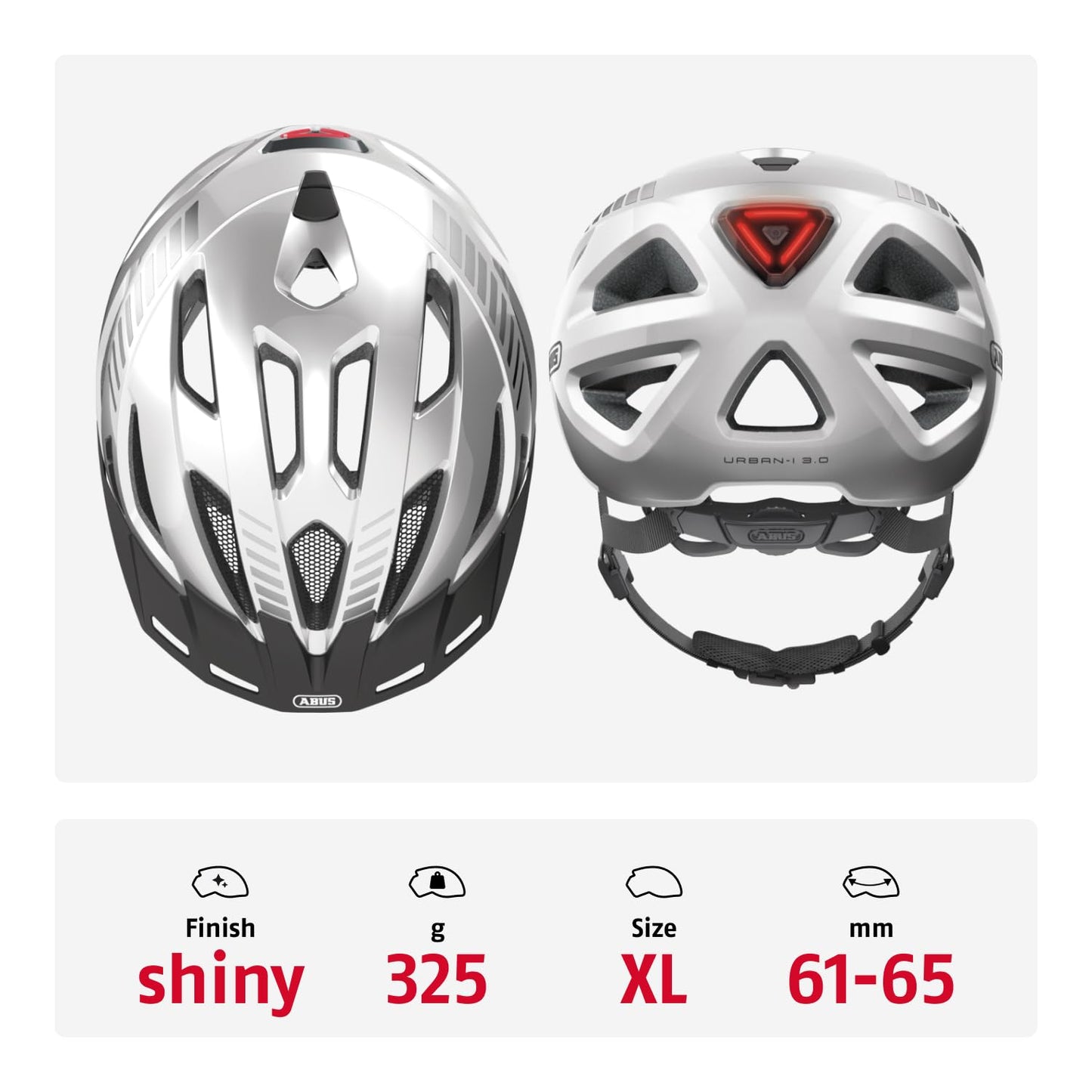 ABUS city helmet Urban-I 3.0 - bicycle helmet with rear light, peak and magnetic closure - for women and men - silver, size XL - 86877
