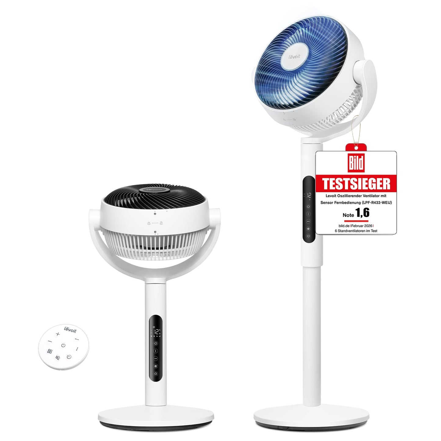 Levoit DC motor pedestal fan, 20dB quiet fan, 30m throwing distance, 2465m³/h air volume, fan with remote control and cooling, 2 in 1 height adjustable, 4 modes/12 levels/12 hour timer, white, 110cm - LPF-R432-WEU