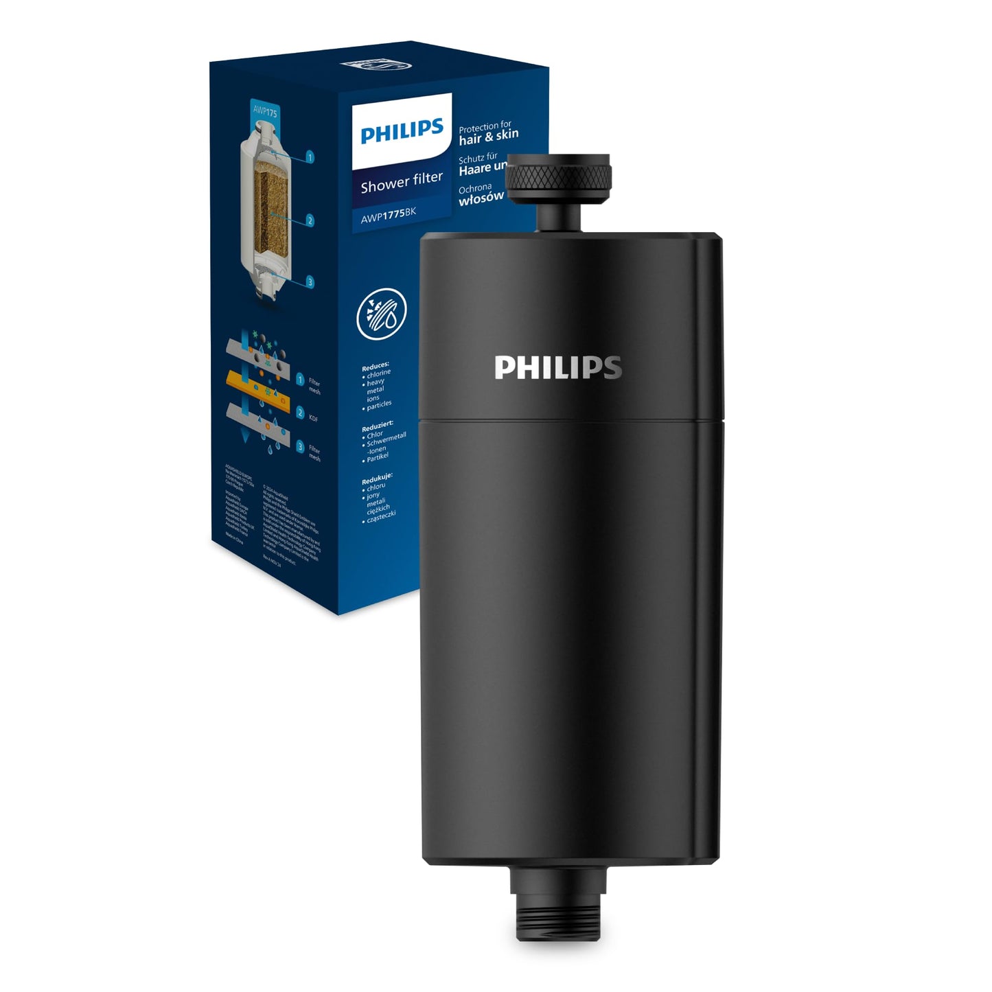 Philips Water Water Inline Shower Filter, 50 000.L filter capacity, BLACK, reduces chlorine by up to 99%, fits all standard hoses and fittings - AWP1775BK/10
