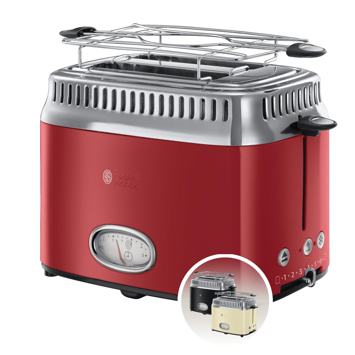 Russell Hobbs Toaster [for 2 slices] Retro Stainless Steel Red (Countdown display in retro design, includes bun warmer, 6 browning levels + defrost & reheat function, 1300W) Vintage 21680-56
