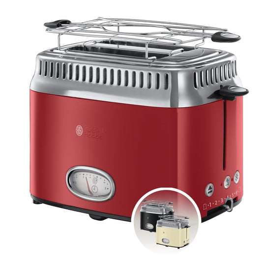 Russell Hobbs Toaster [for 2 slices] Retro Stainless Steel Red (Countdown display in retro design, includes bun warmer, 6 browning levels + defrost & reheat function, 1300W) Vintage 21680-56