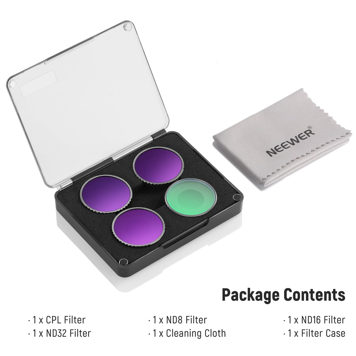 NEEWER CPL & ND filter set compatible with DJI Osmo Action 4/Action 5 Pro (pack of 4), screw-on polarizing filter CPL+ND8+ND16+ND32 action camera accessories, multi-coated optical, FL-A12 - 10105202
