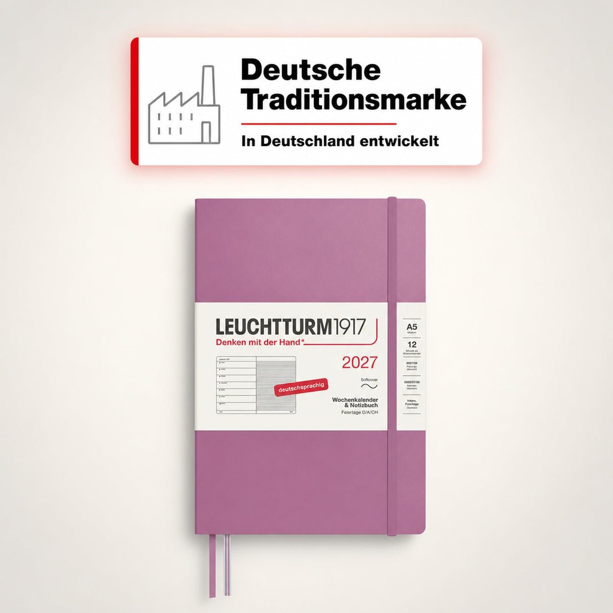 LEUCHTTURM1917 Calendar săptămânal 2027 Mediu (A5) cu caiet - Planificator de întâlniri german, Trandafir praf, Copertă moale, ianuarie-decembrie 2027, Prezentare generală săptămânală în stânga + Pagina de note în dreapta - 400066