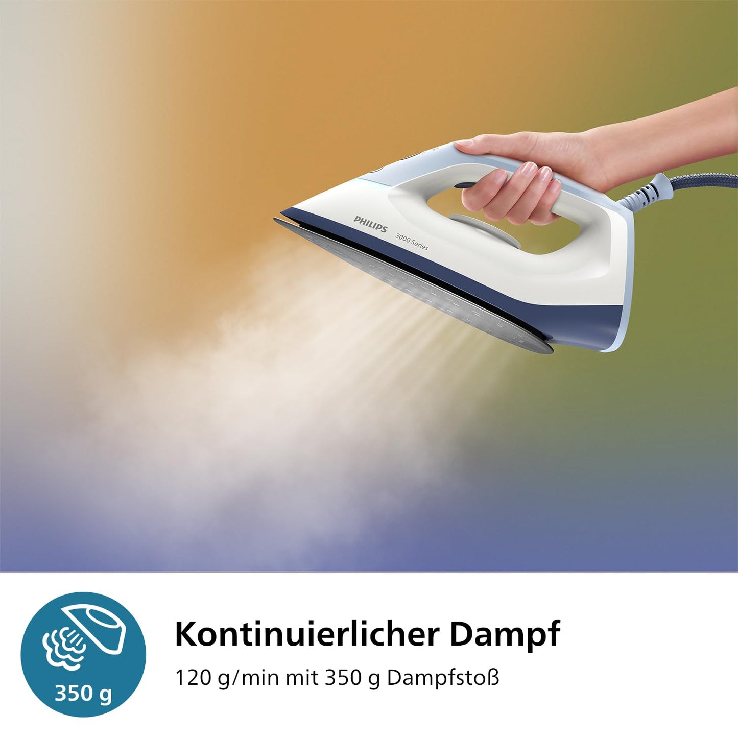 Philips steam iron station 3000 Series, 2400 W, 120 g/min continuous steam, 350 g steam boost, fast and powerful, vertical steam, ceramic sole, Deep Azur (PSG3000/20)