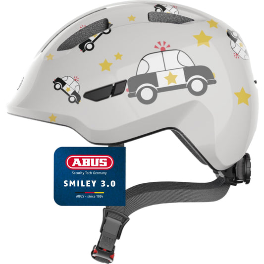 ABUS children's helmet Smiley 3.0 - bicycle helmet with a deep fit, child-friendly designs & space for a braid - for girls and boys - gray with car pattern, size M - 67270