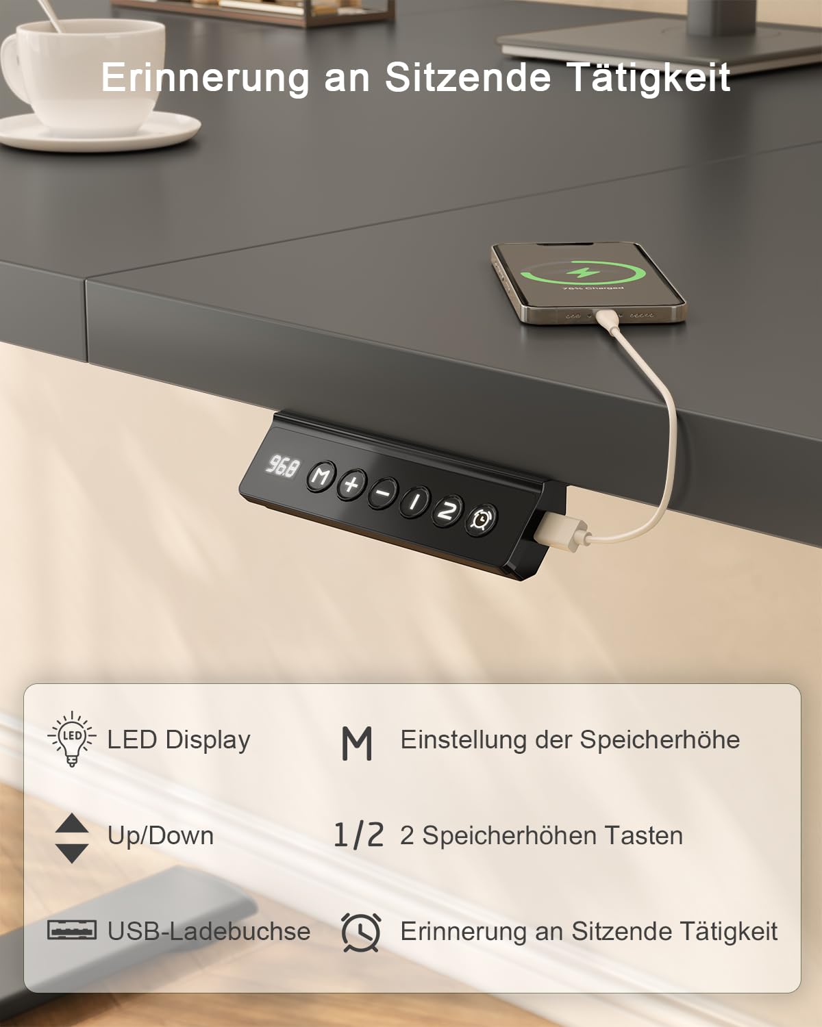 Birou JUMMICO reglabil pe înălțime cu port de încărcare USB, birou electric reglabil pe înălțime 120 x 60 cm, masă stand-sit, birou standing, masă reglabilă pentru computer, birou standing, negru - 0403