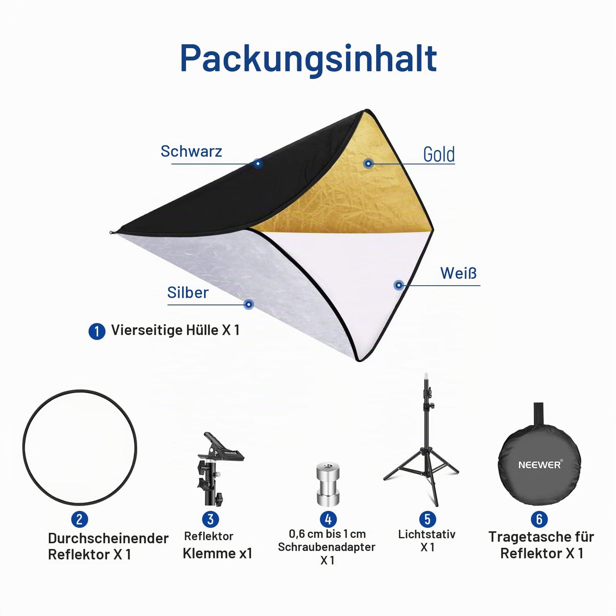 NEEWER 110cm light reflector set, 5 in 1 foldable round reflector (translucent/silver/gold/white/black) with clamp, mounting adapter and 53-110cm stand, for low angle children's photography - 10101016