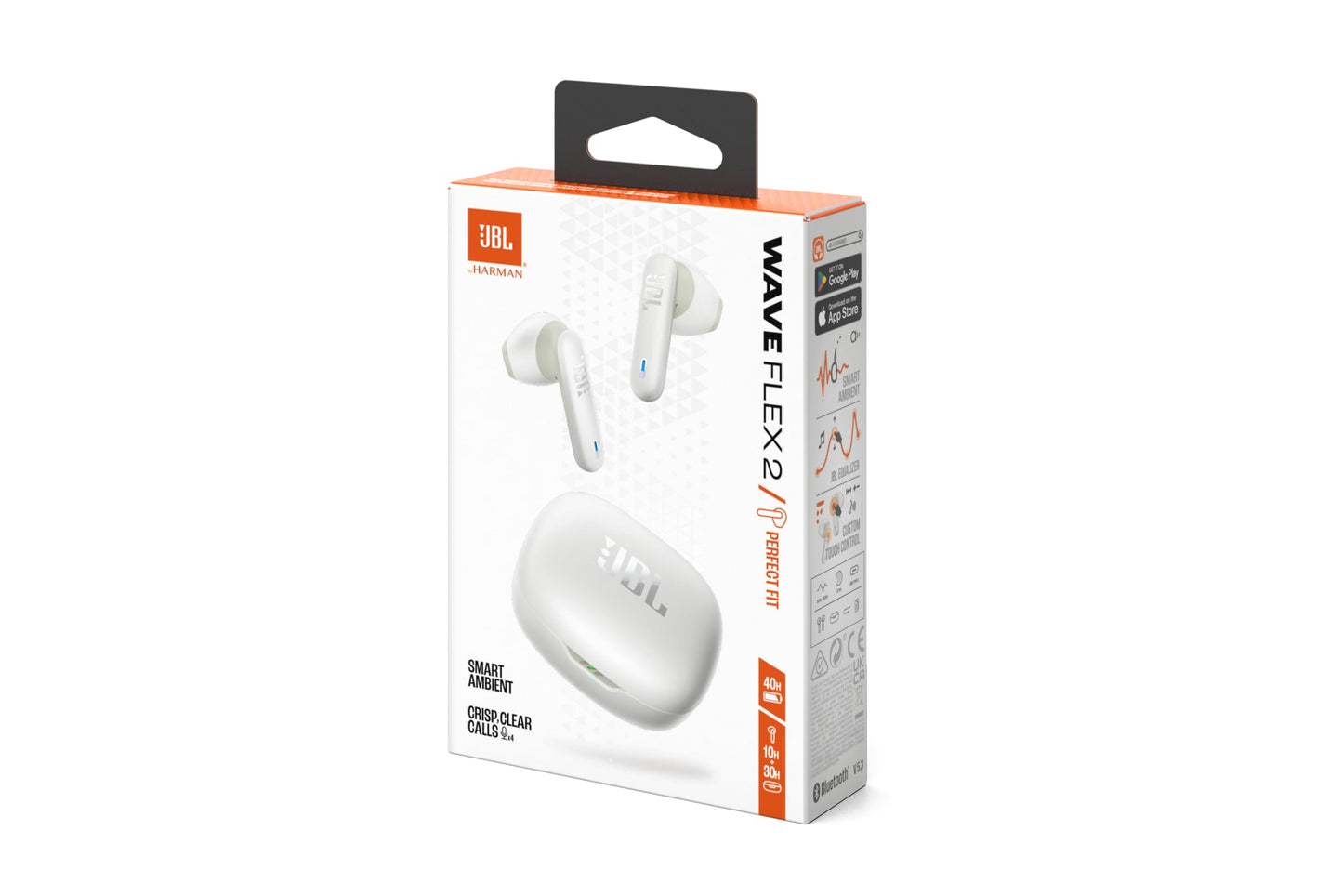 JBL Wave Flex 2, wireless Bluetooth in-ear headphones with 40 h playback time, JBL Pure Bass Sound, Smart Ambient technology, IP54 water and dust protected, multipoint connection, white - JBLWFLEX2WHT