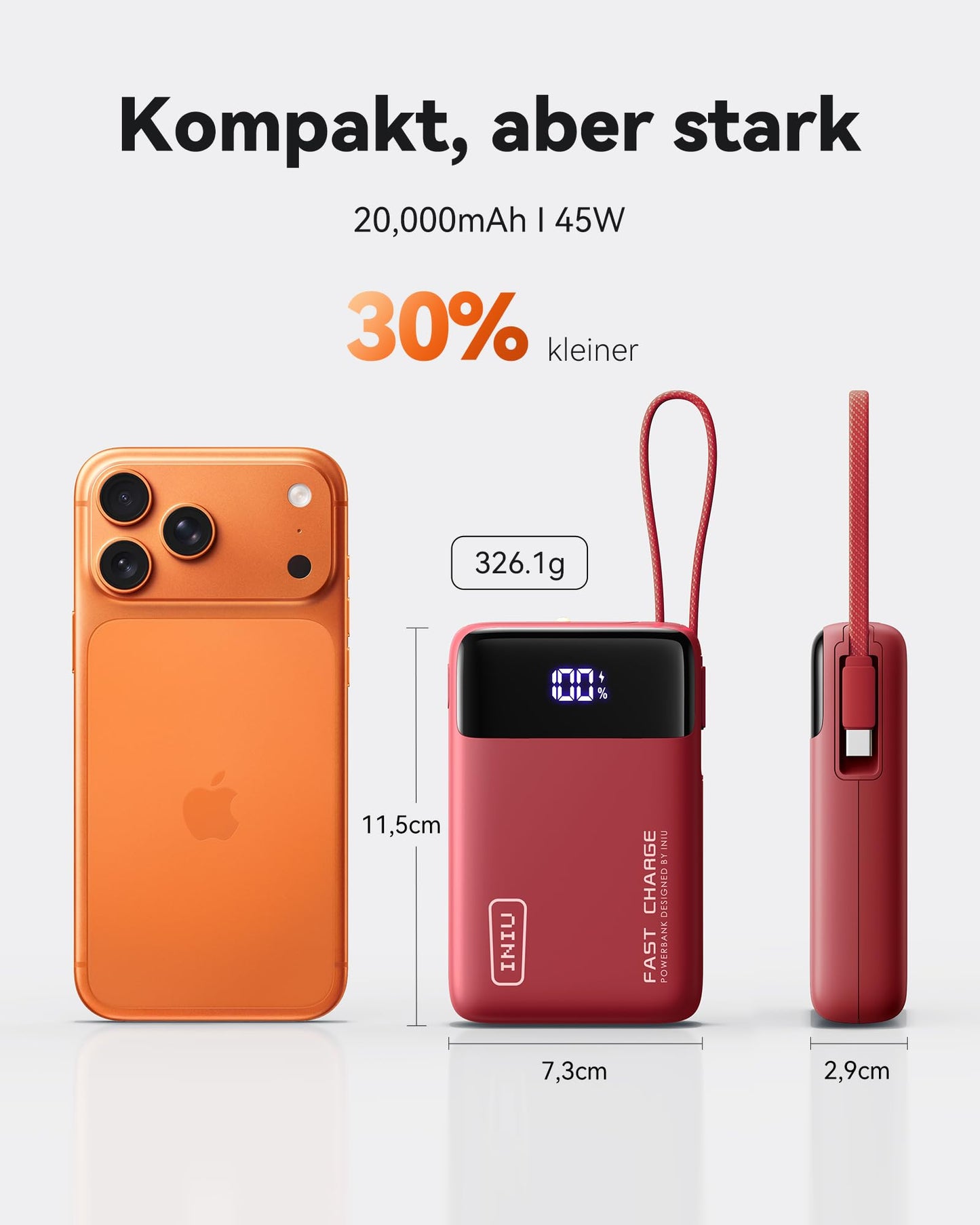 INIU 45W Power Bank, Ultra Small 20000mAh Power Bank with Integrated USB C Cable, Fast Charging External Mobile Phone Batteries, Suitable for Flight, Travel Essential for Commuting, Daily Use, iPhone 17 16, Red - P51L