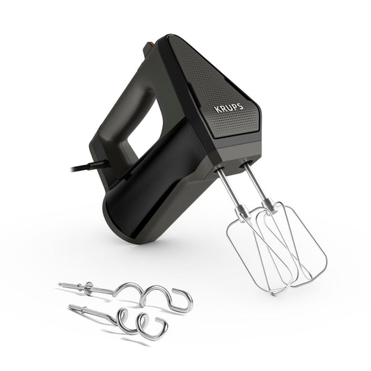 Krups 3MIX 6000 hand mixer, 600 W, precise control, soft touch handle, long cable, practical speed control, hand mixer incl. beaters and dough hook, black, GN6028