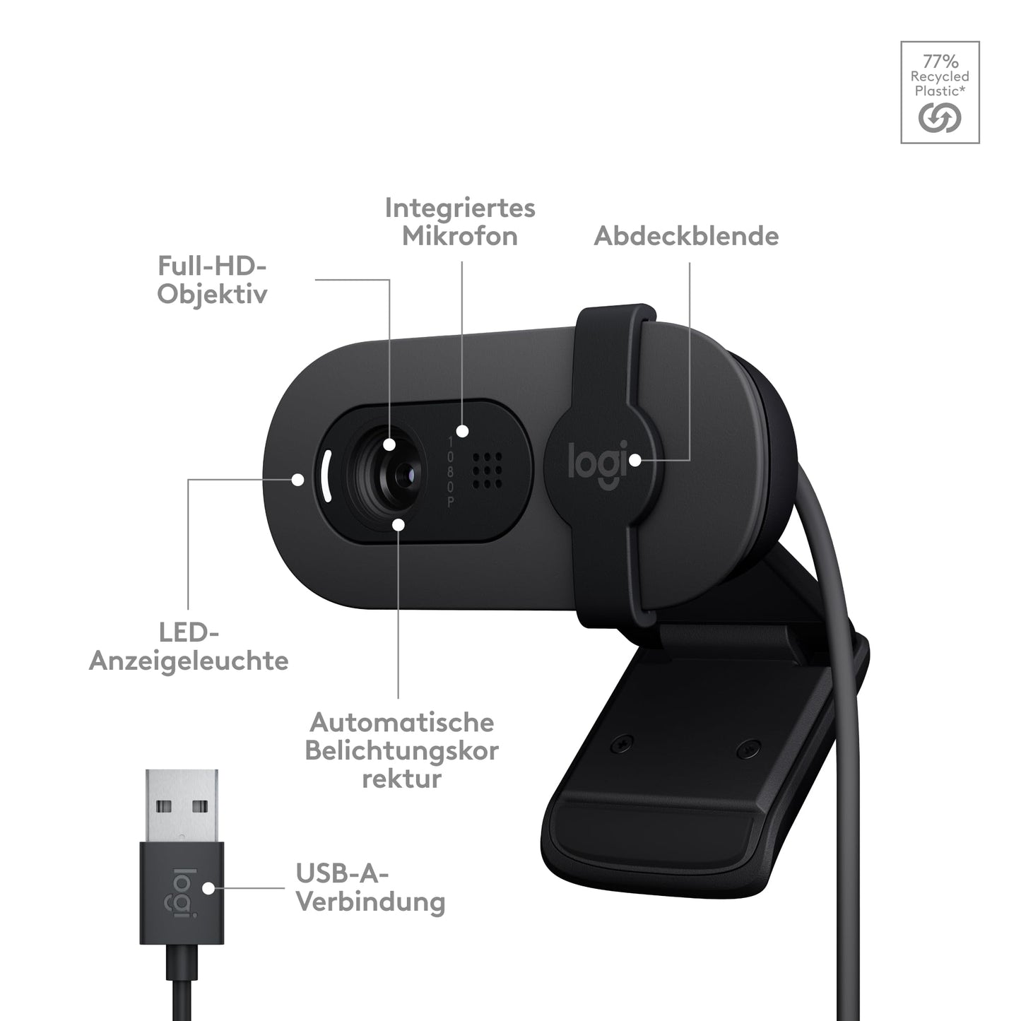 Logitech Brio 100 Full HD-Webcam für Meetings und Streaming  960-001585