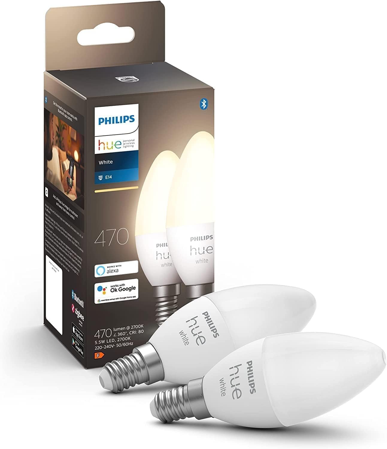 Philips Hue White E14 LED candle-shaped lamps pack of 2 (470 lm), dimmable LED bulbs for the Hue lighting system with warm white light, smart light control via voice and app - 929003021102