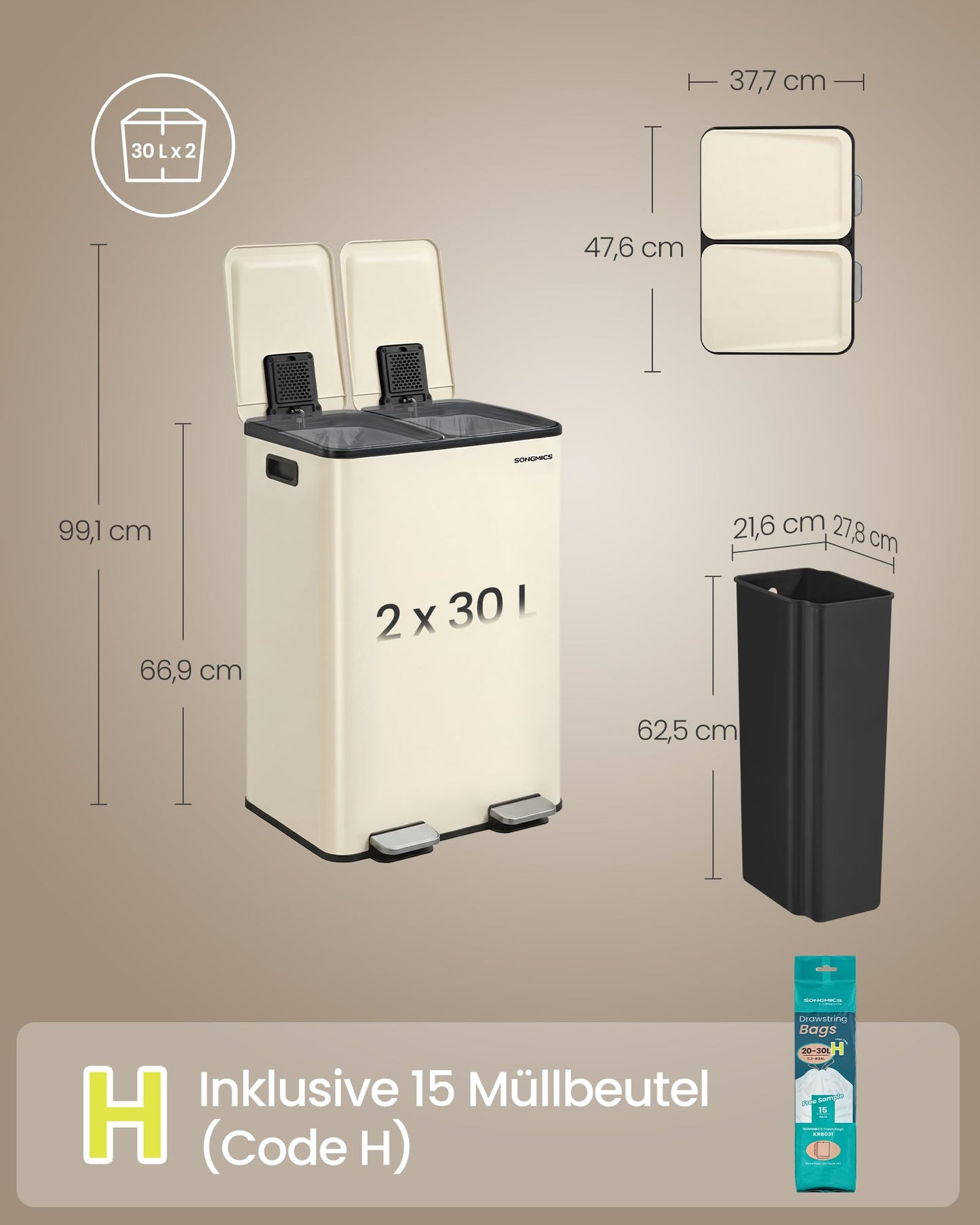 SONGMICS kitchen trash can, 2 x 30 liters, 2 compartments, trash can, pedal trash can, kitchen trash can with soft-close lid and inner bin, steel, including 15 trash bags, cream-colored LTB741AZ02