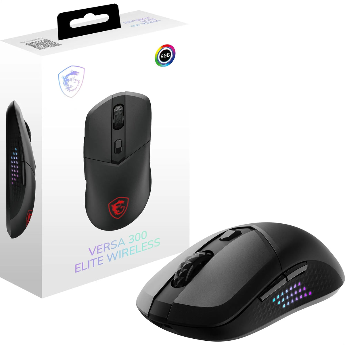 MSI Versa 300 Elite Wireless Gaming-Maus – senzor optic de 26.000 DPI, rată de polling de 1000 Hz, simetrică, switch-uri OMRON de 60 milioane de clicuri, baterie de 200 de ore, latență de 1 ms, RGB, 65 g – cablată/fără fir - S12-4301290-CLA
