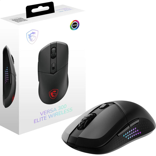 MSI Versa 300 Elite Wireless Gaming-Maus – senzor optic de 26.000 DPI, rată de polling de 1000 Hz, simetrică, switch-uri OMRON de 60 milioane de clicuri, baterie de 200 de ore, latență de 1 ms, RGB, 65 g – cablată/fără fir - S12-4301290-CLA