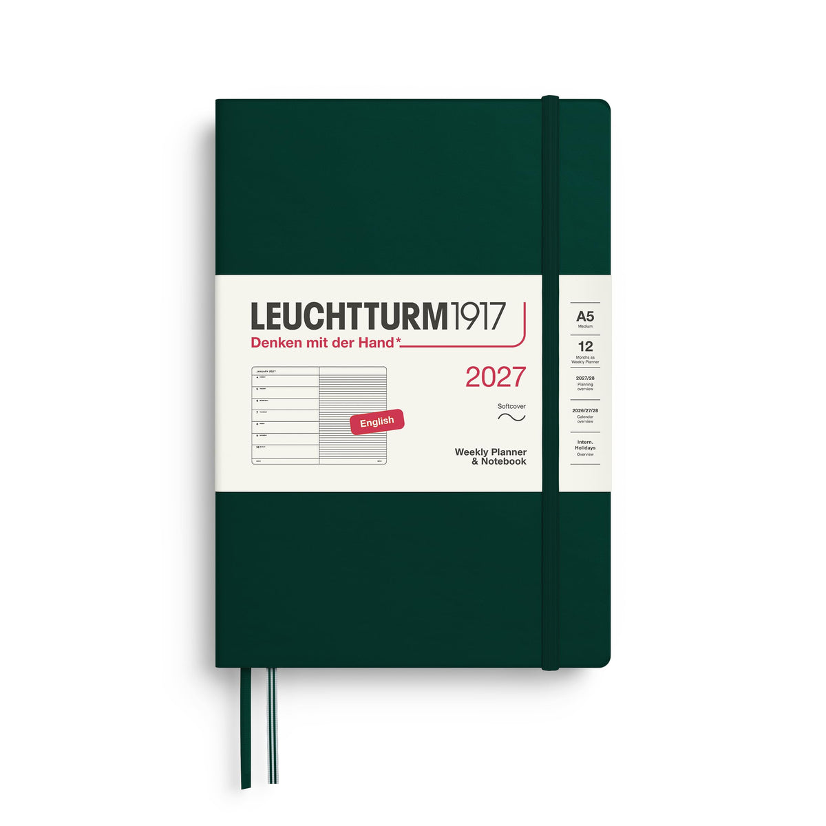 LEUCHTTURM1917 Calendar săptămânal 2027 Mediu (A5) cu carnet, cu linii - Planificator de întâlniri în engleză, verde pădure, copertă moale, 145 x 210 mm, ianuarie-decembrie 2027, prezentare generală săptămânală în stânga + pagină cu note în dreapta -