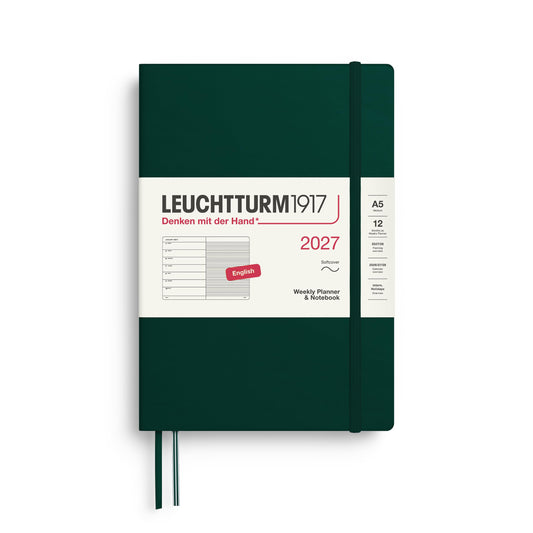 LEUCHTTURM1917 Weekly Calendar 2027 Medium (A5) with Notebook, Lined - English Appointment Planner, Forest Green, Softcover, 145 x 210 mm, January-December 2027, Weekly Overview on the Left + Notes Page on the Right - 400240