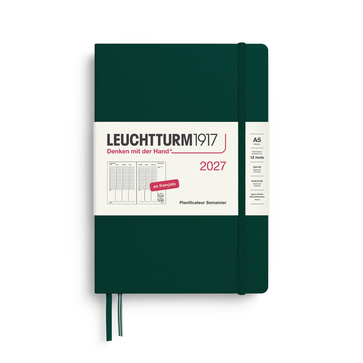 LEUCHTTURM1917 Weekly Planner 2027 Medium (A5) - French, Forest Green, 210 x 145 mm, January-December (12 months), weekly overview with hourly grid 7:00-22:00 per column, hardcover - 400409