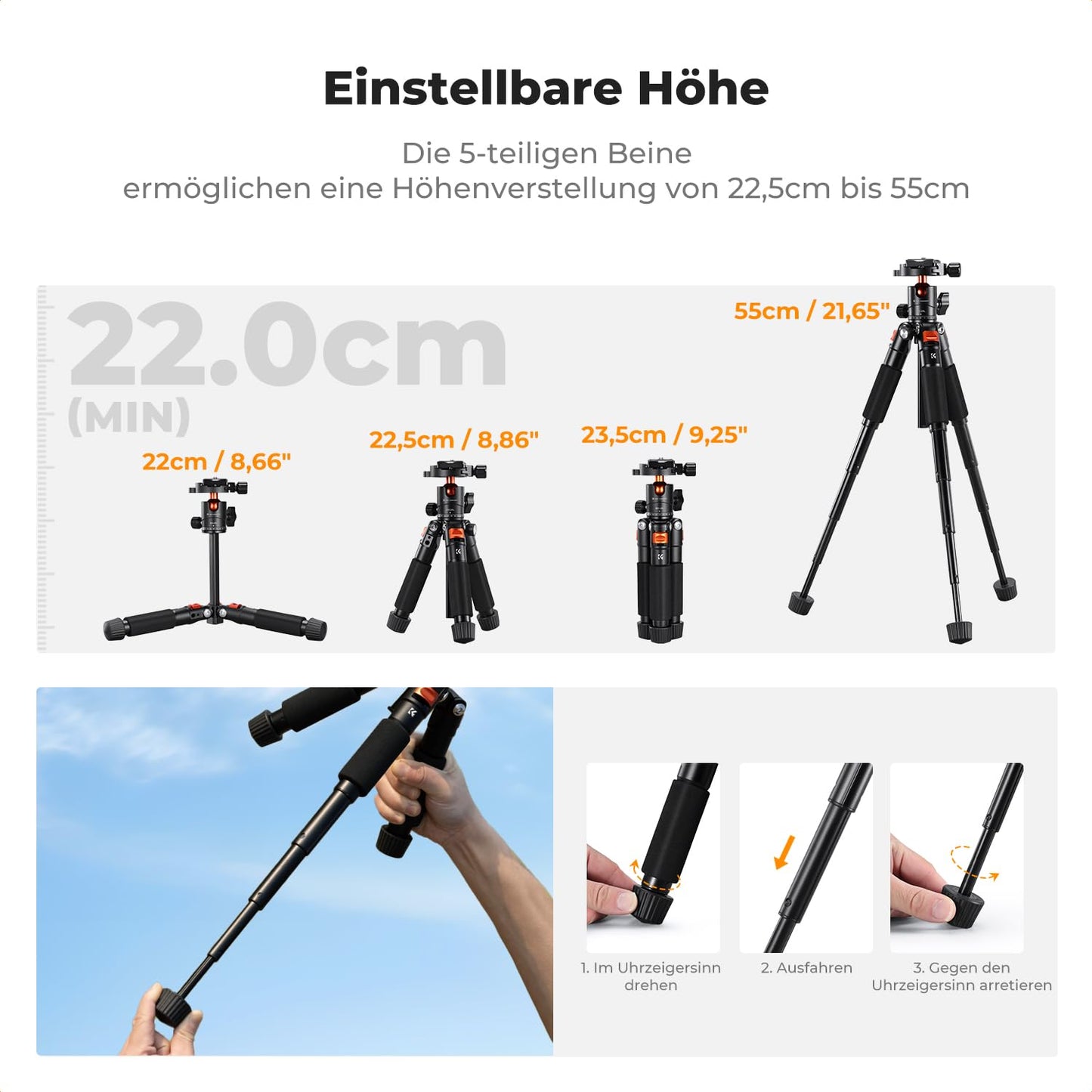 K&F CONCEPT Black-Orange Mini Tripod, 55cm Aluminum Camera Tripod with 360° Ball Head, Foldable Design for Easy Storage and Travel-Friendly, 1/4" Plate for DSLR/Smartphone, Max. Load 6kg - S225A0+BH-25L