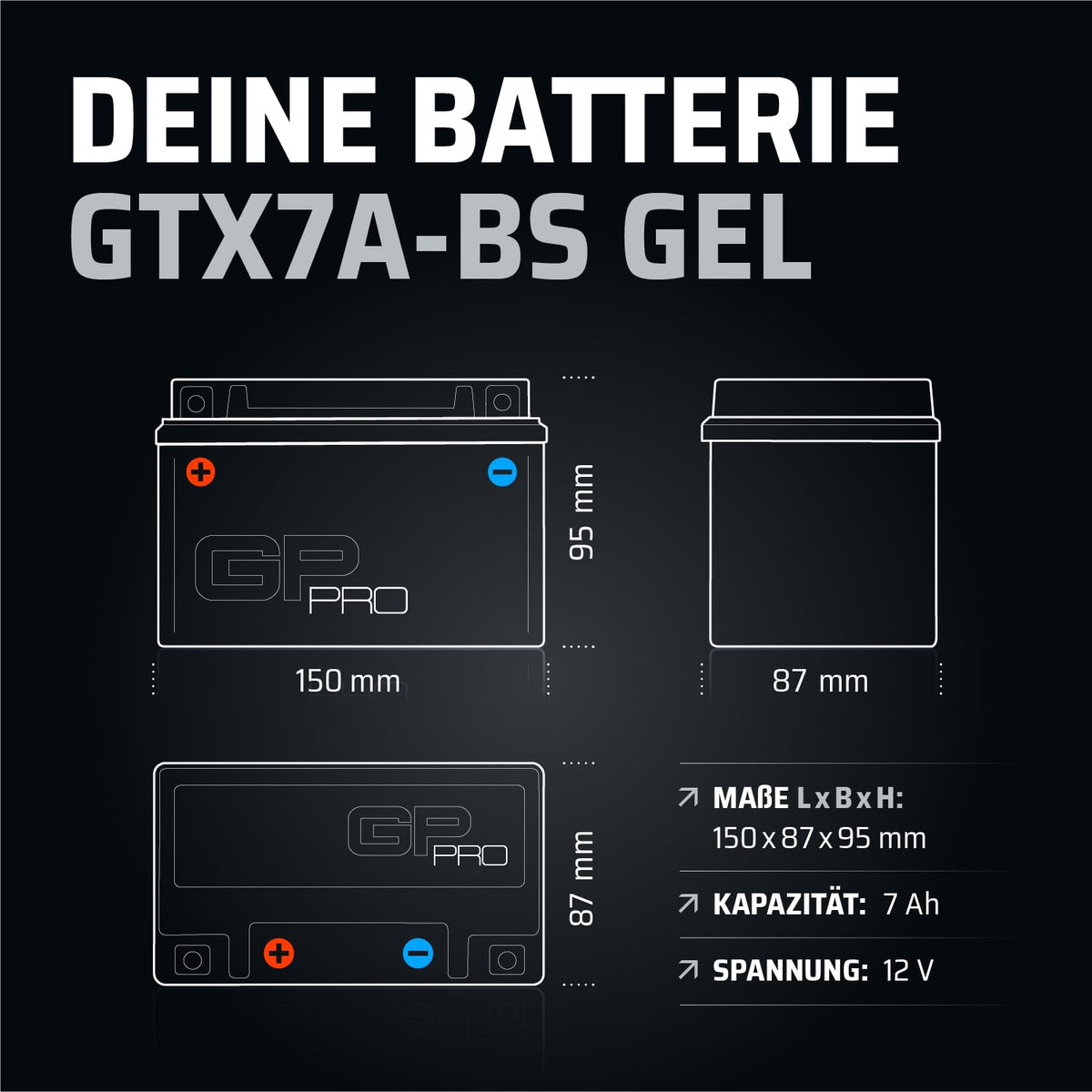 GP-PRO gel battery 12 V 7 Ah maintenance-free compatible with Kymco Super 8 50 - GP-003