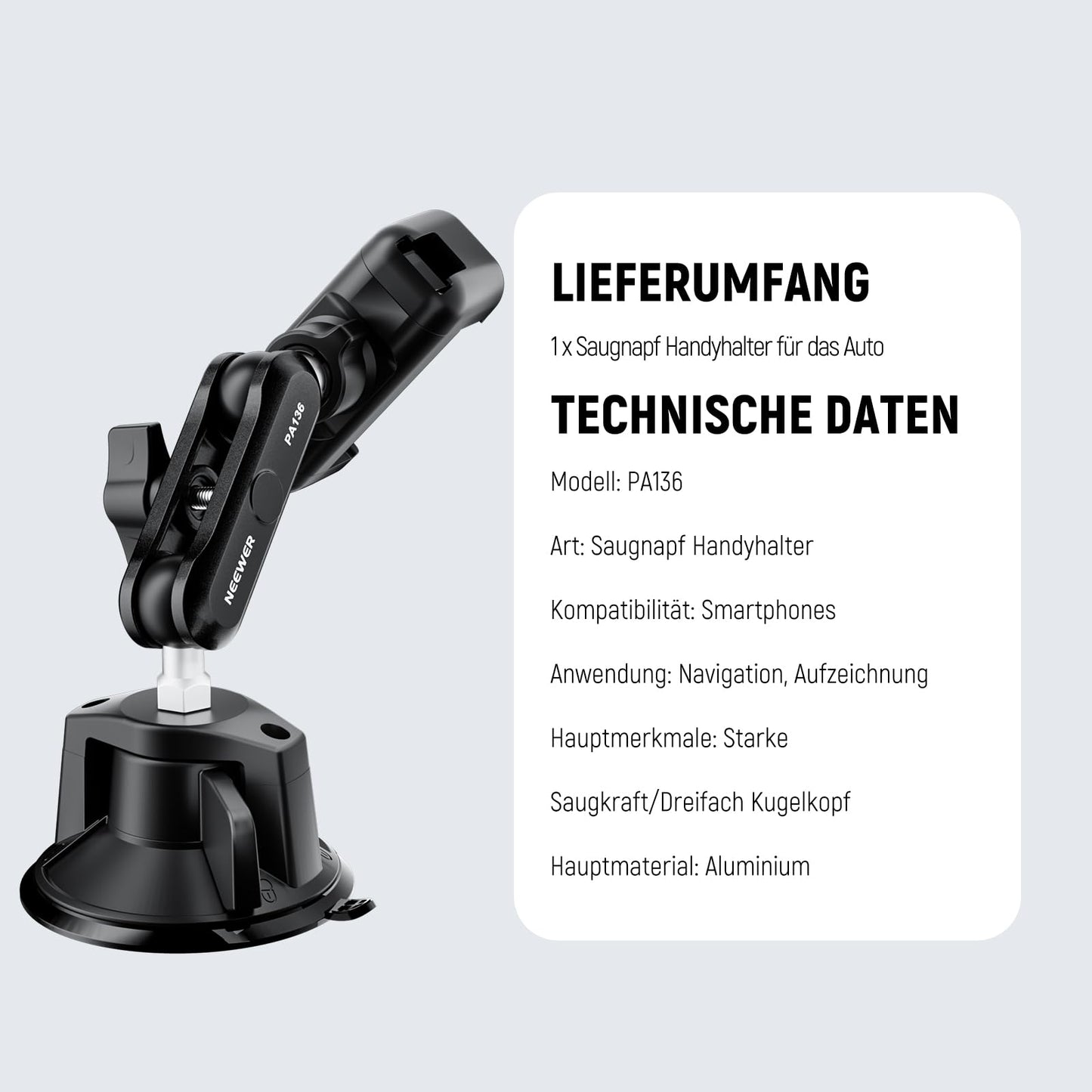 NEEWER Car Phone Holder, 360° Rotating Vacuum Suction Cup Metal Phone Holder with Magic Arm, Compatible with iPhone Samsung, for UTV Windshield, Skylight, Glass, Navigation, Video, PA136