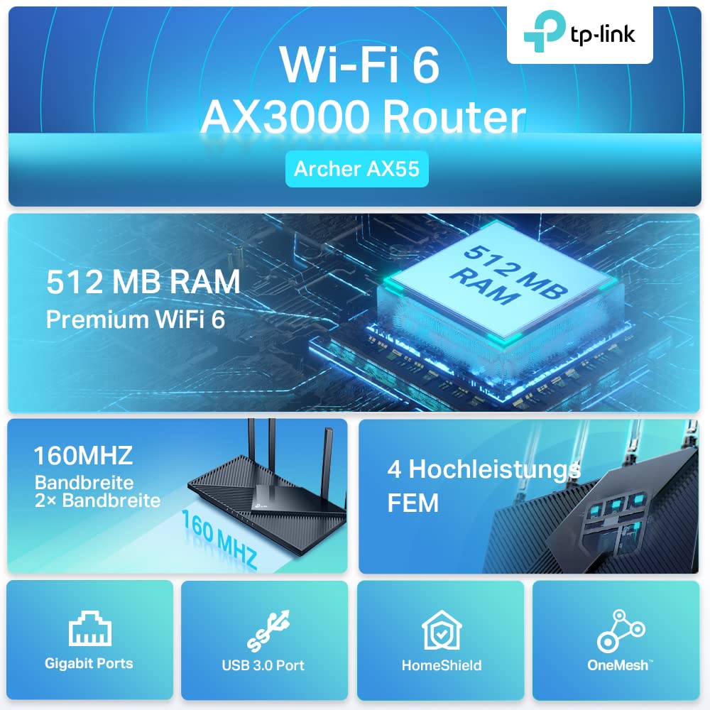 TP-Link Archer AX55 Wi-Fi 6 WLAN router, 2402 Mbit/s 5 GHz, 574 Mbit/s 2.4 GHz, 4 × Gigabit LAN ports, 1 × USB 3.0 port, does not support DSL function