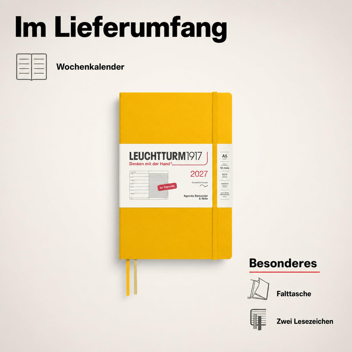LEUCHTTURM1917 calendar săptămânal 2027 mediu (A5) cu caiet, cu linii - planificator de întâlniri francez, floarea soarelui, copertă moale, ianuarie-decembrie 2027, prezentare săptămânală în stânga + pagina de note în dreapta - 400390