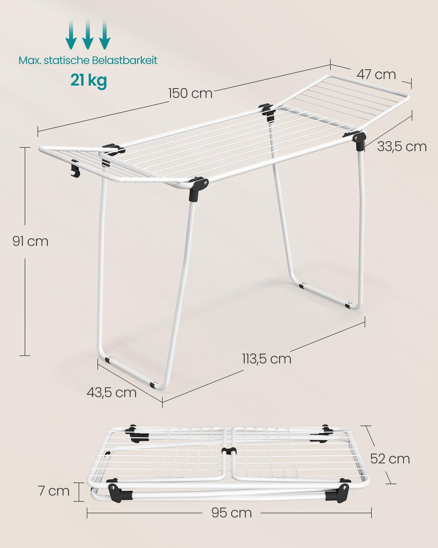 SONGMICS clothes airer, stand dryer 47 x 150 x 91 cm, wing clothes airer, wing clothes dryer space-saving, metal, for clothes, towels, white LLR520WK01