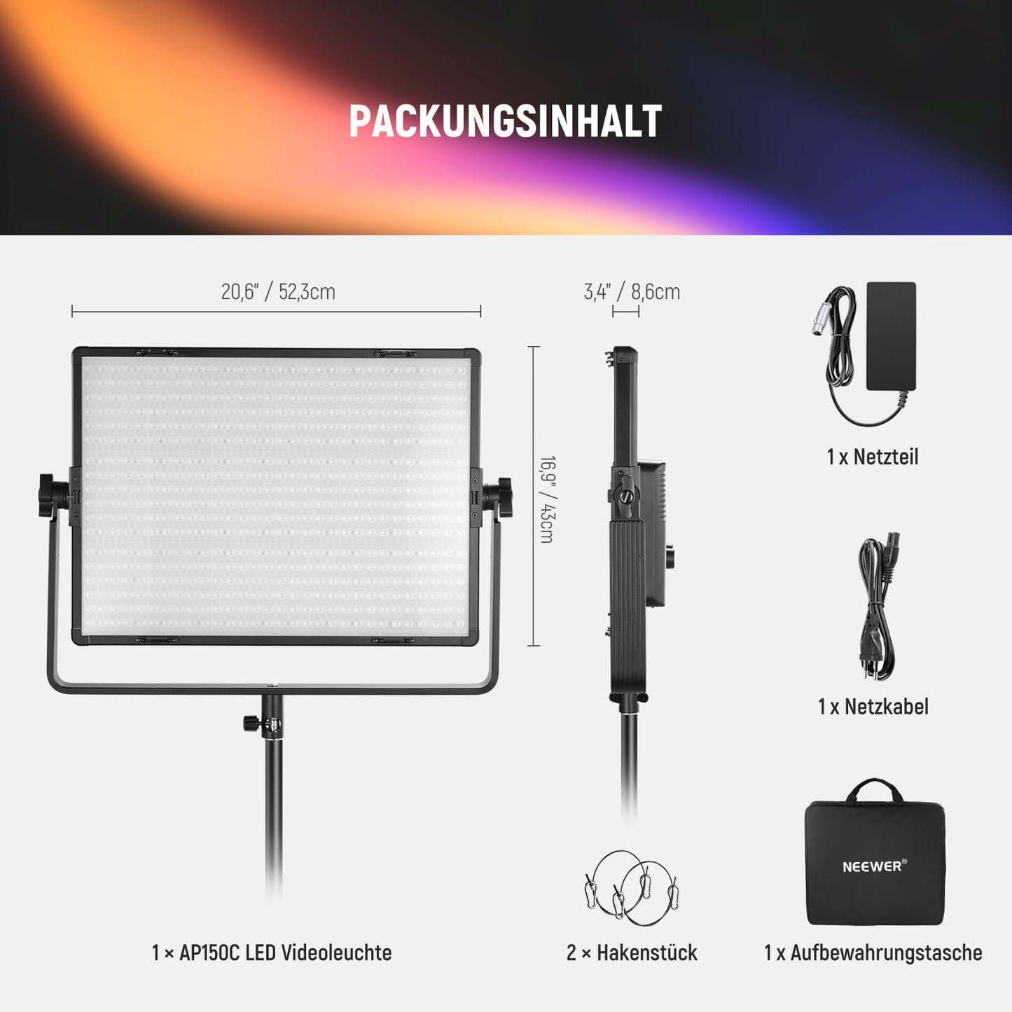 NEEWER 150W RGB LED panel video light set with barn doors, 1800 LED, 42500Lux at 0.5m, 2500-10000K, CRI96+/TLCI97+, 0.0%-100% dimming, APP/2.4G/Panel/DMX control for professional studio lighting, AP150C - 10104923