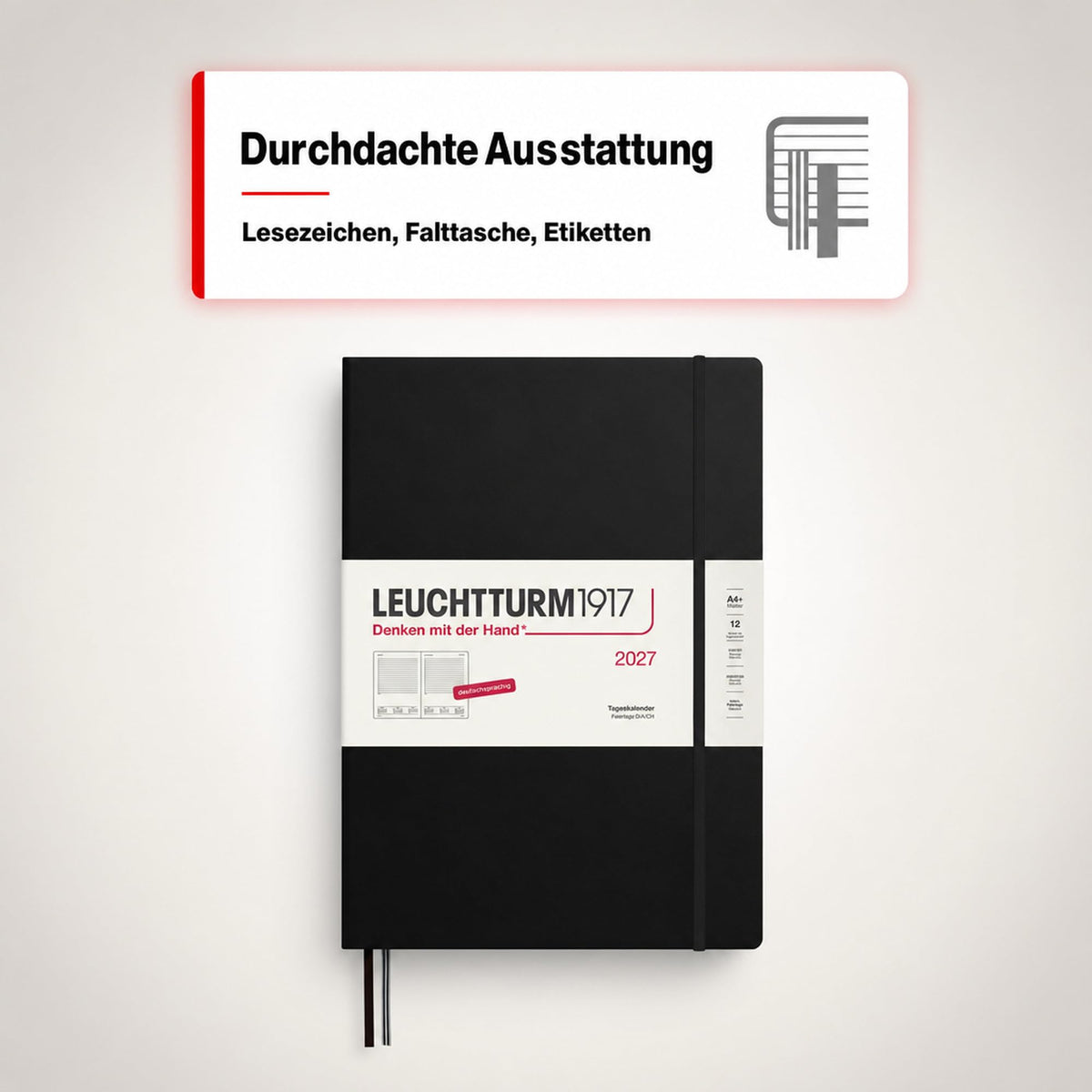 LEUCHTTURM1917 Calendar zilnic 2027 A4+ (Master) - germană, negru, 225 x 315 mm, ianuarie-decembrie (12 luni), 1 pagină pe zi, grilă orară 7:00-22:00, copertă cartonată, hârtie de 100 g/m² - 400156