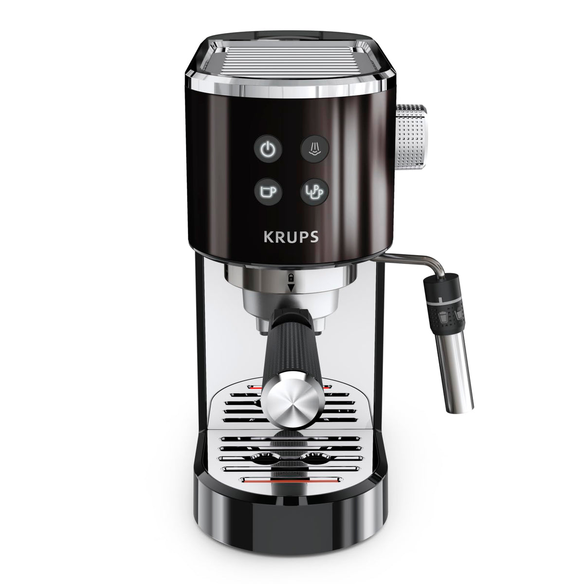 Krups Virtuoso+ Espresso Machine, 15 bar pump pressure, 3 crema filters, stainless steel steam nozzle, intuitive control panel, rotary knob, including dosing spoon and tamper, Black/Stainless Steel, XP444G