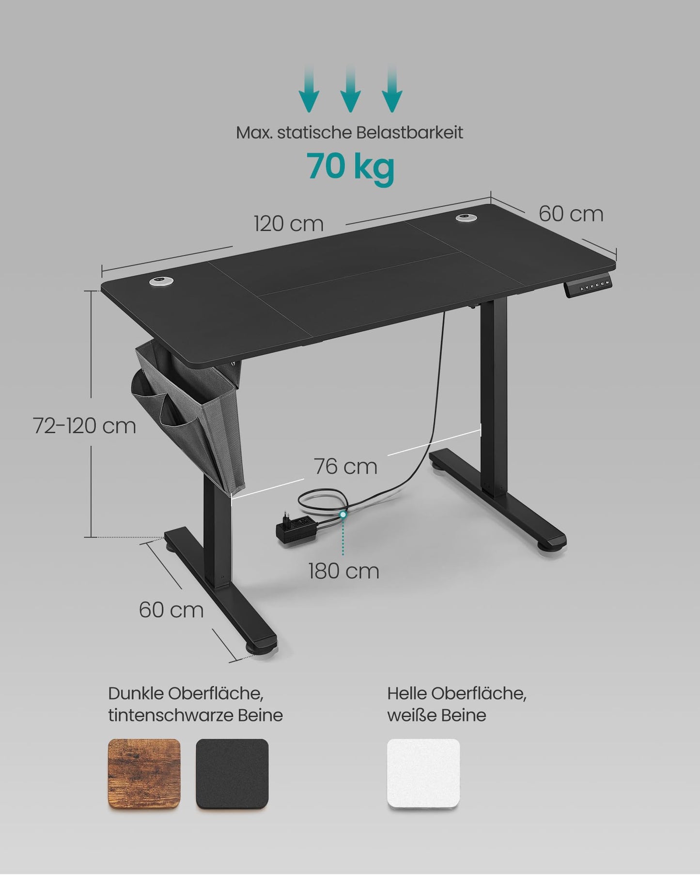 SONGMICS Height-adjustable desk electric, 120 x 60 cm, adjustable table, memory function for 4 heights, for office, ink black LSD132B01 - LSD015X01