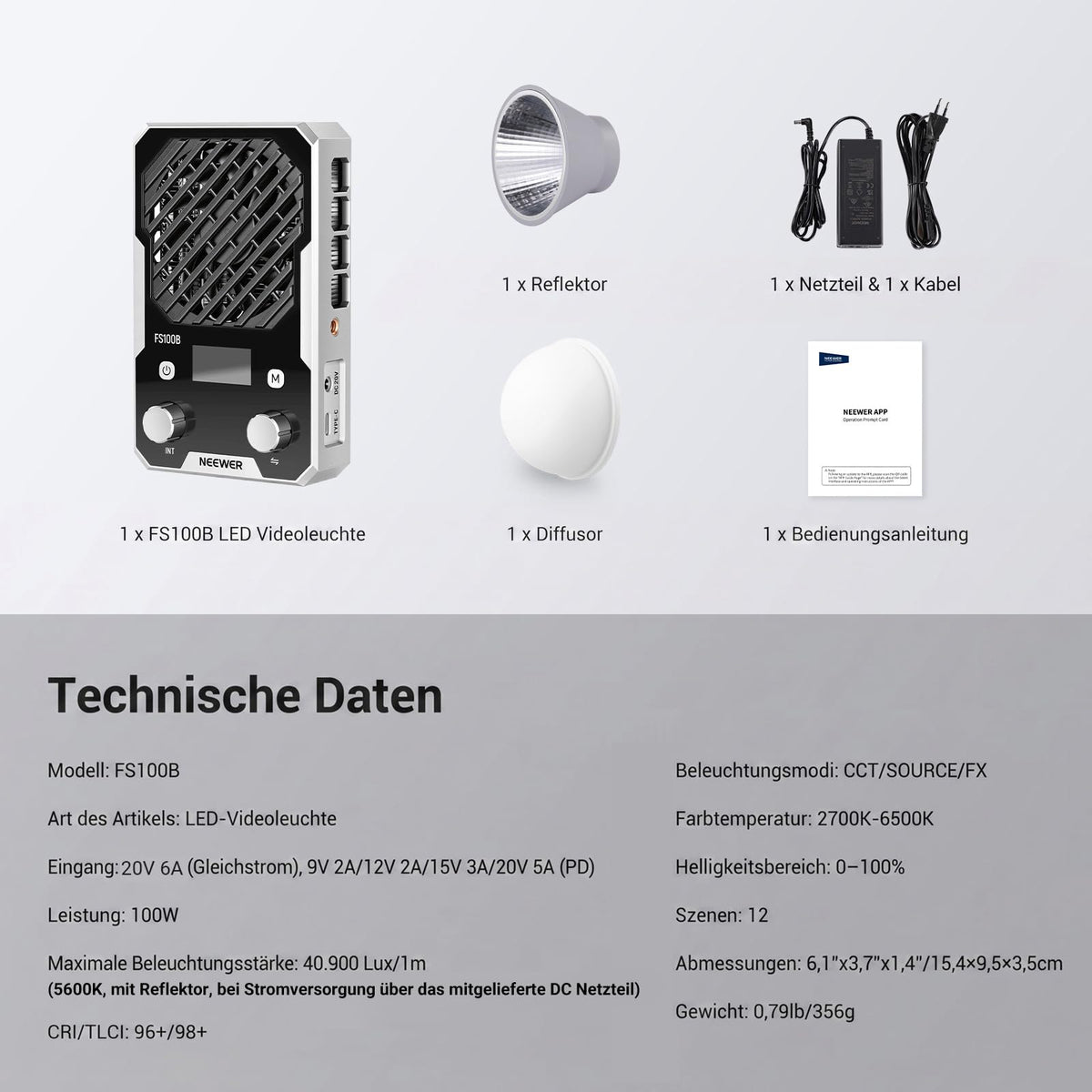NEEWER 100W ultracompact LED Videolumină cu aplicație și control prin panou, lampă video bi-color COB de dimensiuni reduse cu putere constantă a luminii, 4 curbe de atenuare, 2700K–6500K, CRI 96+, FS100B