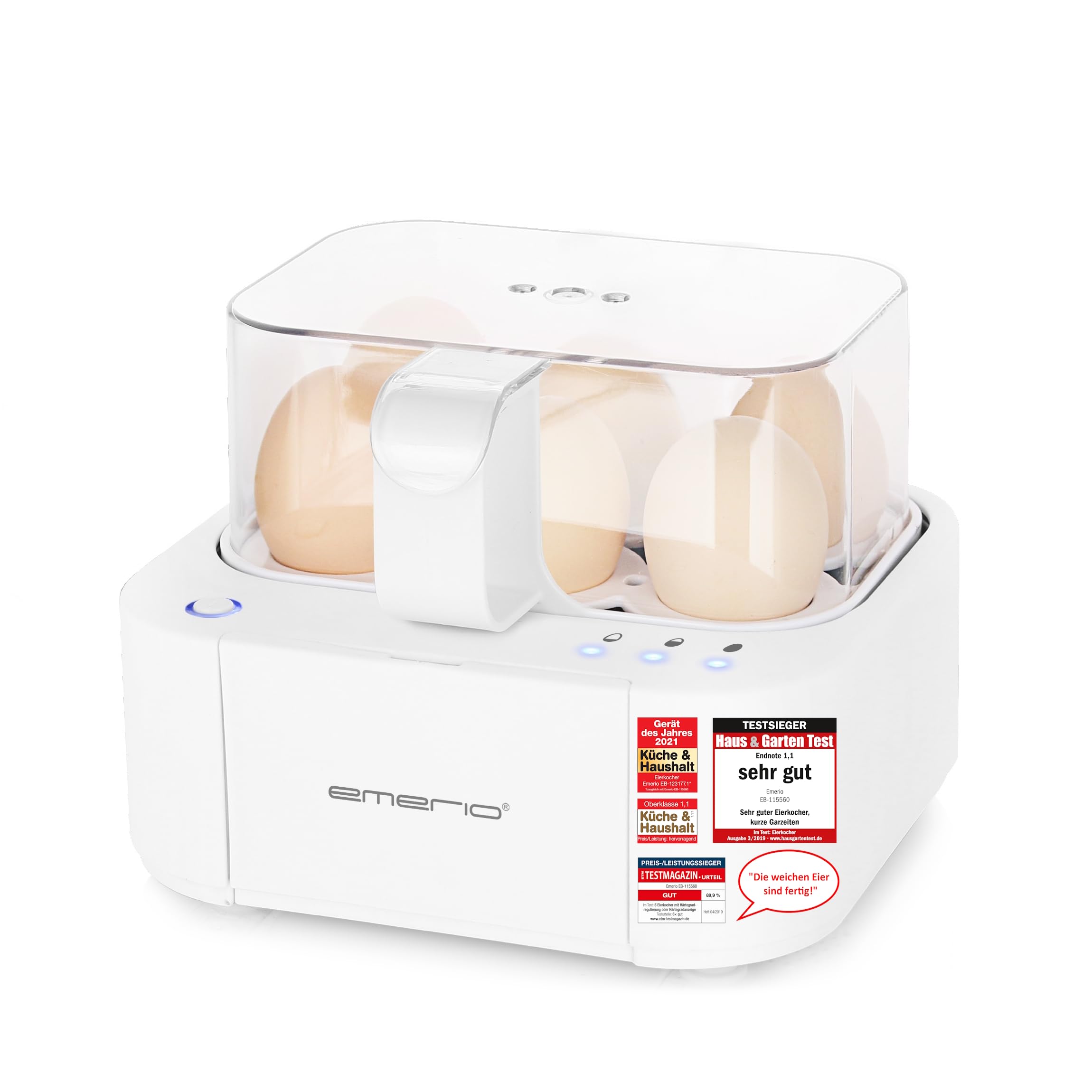 Emerio best egg cooker EB-115560 cooks all three cooking levels [soft|medium|hard] in just one cooking process with perfect results and voice output, unique in technology and design, model 2022 - EB-115560.12