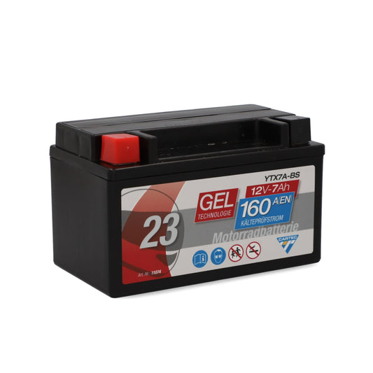 CARTEC motorcycle battery YTX7A-BS, 7Ah, 160A, gel technology motorcycle starter battery, original equipment manufacturer quality, cycle-proof, storable, maintenance-free, black - 11074