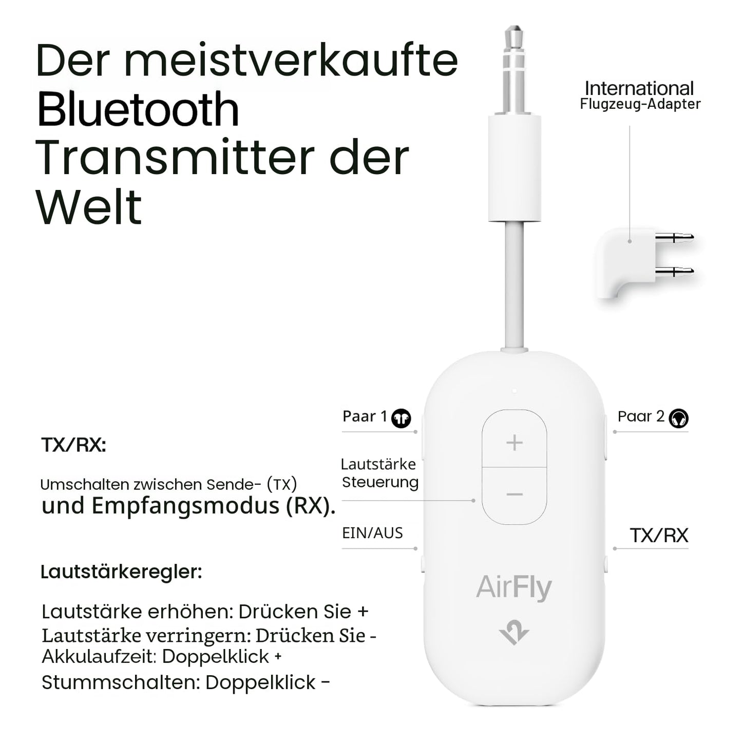 Twelve South AirFly Pro Deluxe | Bluetooth wireless audio transmitter/receiver for up to 2 AirPods - TS-2305