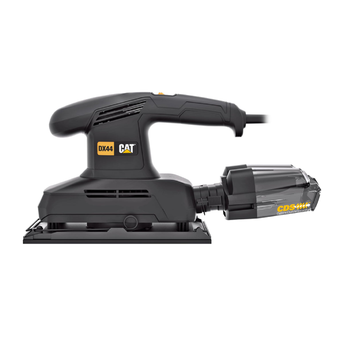 CAT DX44 Schwingschleifer 350W, 113x230 mm suprafață de șlefuire, 6000–11000 rpm, 2.4 mm circuit de oscilație, (inclusiv cutie de praf cu ciclon, adaptor, hârtie de șlefuit și perforator)