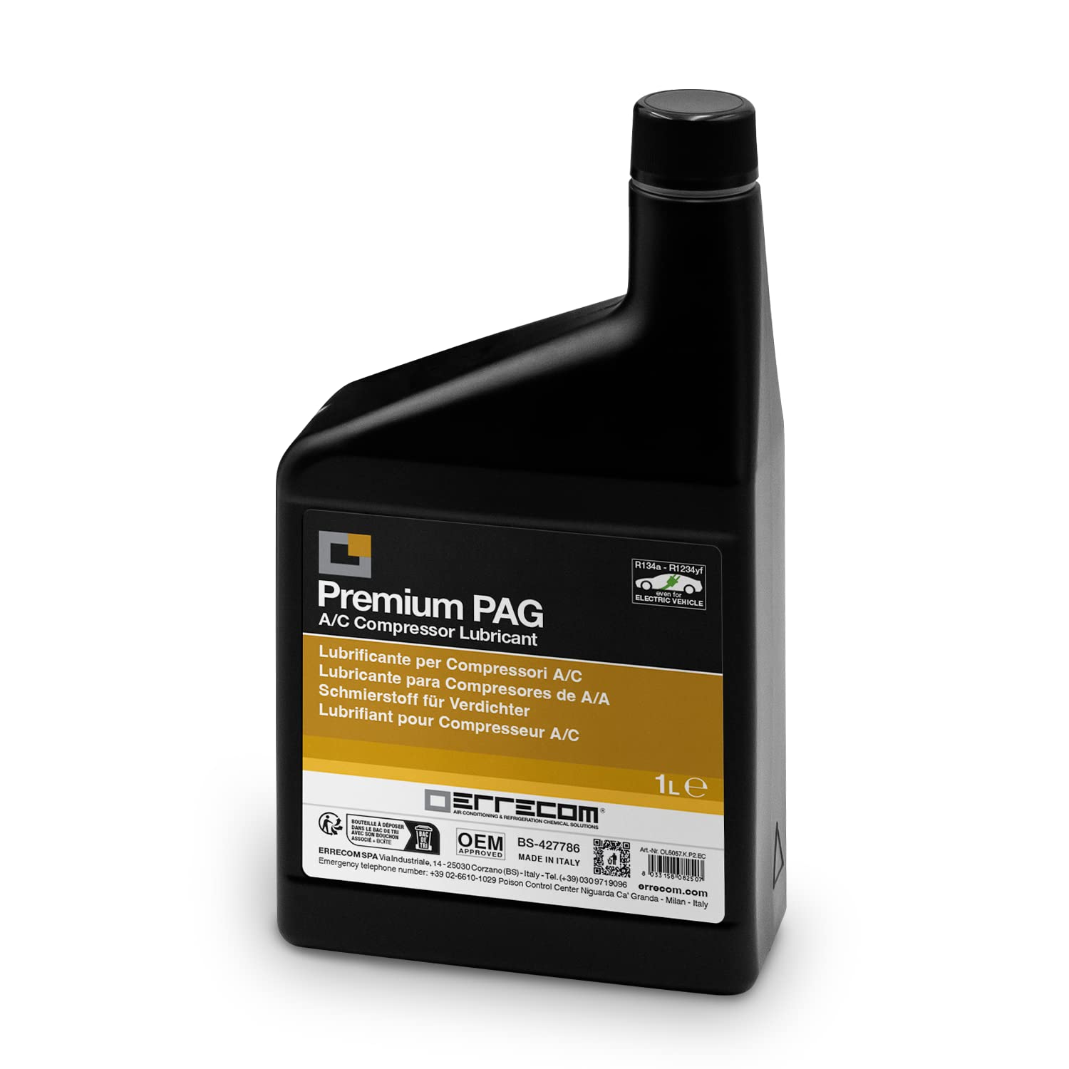 Errecom PAG Universal - 1 L, lubricant for compressors A/A traditional and electrical cars, functions with GAS refrigerator R134a and R1234yf - OL6057.KP2.EC