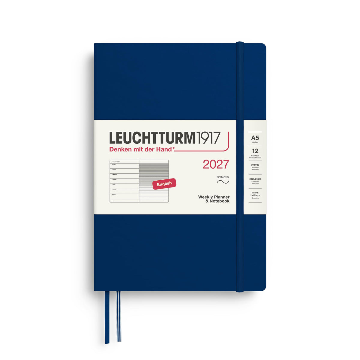 LEUCHTTURM1917 calendar săptămânal 2027 mediu (A5) cu caiet, cu linii - planificator de întâlniri engleză, bleumarin, copertă moale, 145 x 210 mm, ianuarie-decembrie 2027, prezentare săptămânală în stânga + pagina de note în dreapta - 400242