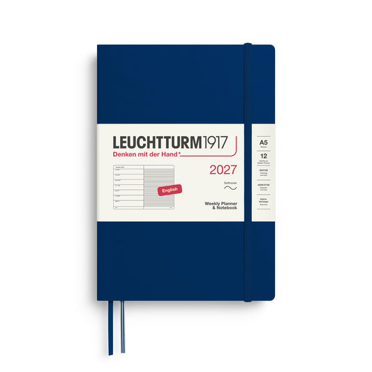 LEUCHTTURM1917 weekly calendar 2027 medium (A5) with notebook, lined - appointment planner English, navy, soft cover, 145 x 210 mm, January-December 2027, weekly overview on the left + note page on the right - 400242
