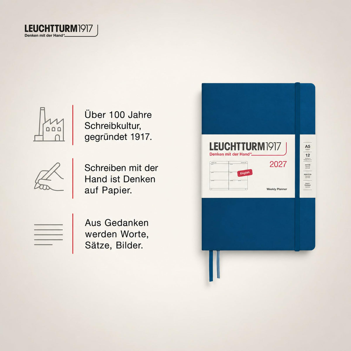 LEUCHTTURM1917 Calendar săptămânal 2027 Mediu (A5) - Engleză, Indigo, Hardcover, 145 x 210 mm, 12 luni - ianuarie-decembrie 2027, 1 săptămână pe pagină dublă, hârtie de 80 g/m² cu compatibilitate ridicată cu cerneală - 400274