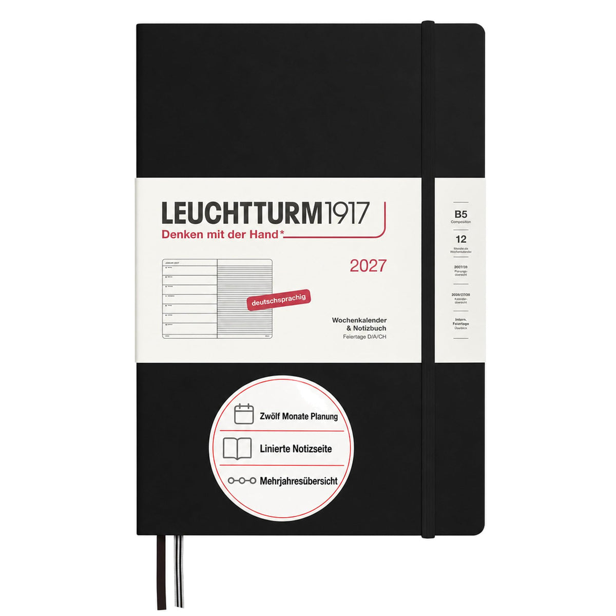 LEUCHTTURM1917 weekly calendar 2027 Composition (B5) with notebook - appointment planner German, black, January-December 2027, weekly overview on the left + note page on the right - 400038