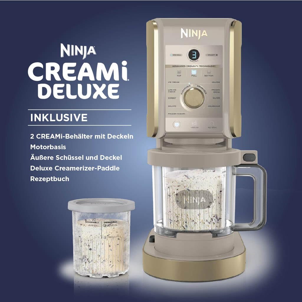 Ninja CREAMi Deluxe Ice Cream Maker with 2 Trays, 10 Functions, Dessert & Ice Cream Maker for Ice Cream, Sorbet, Frozen Yogurt, Milkshakes, Slushi, 2-in-1 Flavor Option, Stone Gold, NC502EUSTGD