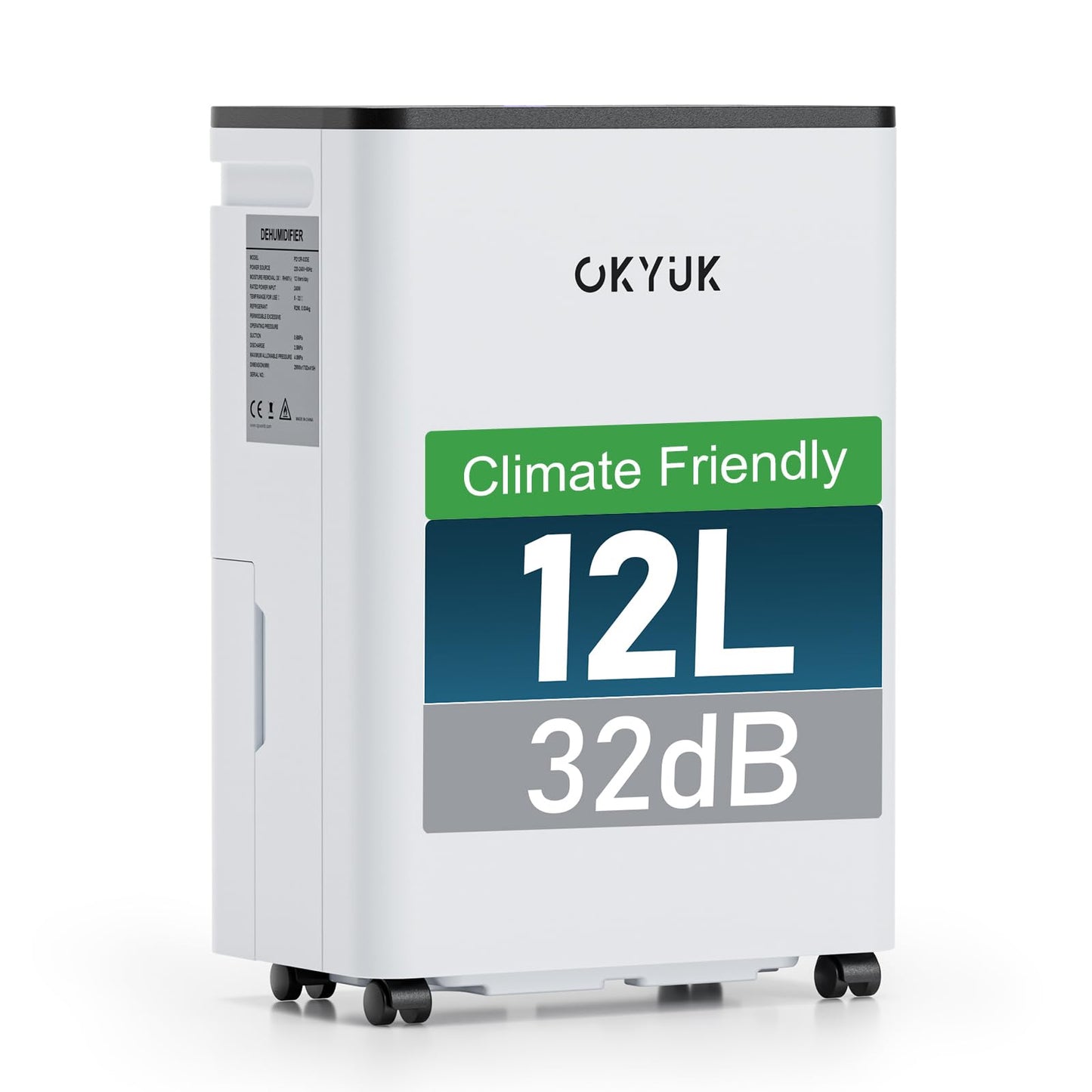 Dezumidificator electric OKYUK 12L cu afișaj digital al umidității, silențios 32dB, pentru 30m², cu oprire automată, pentru autorulotă, baie, subsol, 1 an de schimb/10 ani garanție (12L alb) - PD10R-03BE