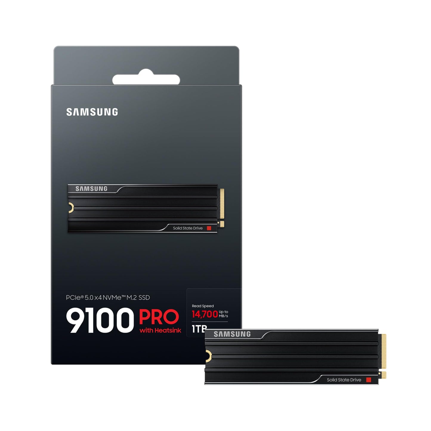 Samsung 9100 PRO Heatsink NVMe M.2 SSD, 1TB, PCIe 5.0, 14,700 MB/s Read, 13,300 MB/s Write, Internal SSD for PC and Console Gaming and Video Editing, Black, MZ-VAP1T0CW