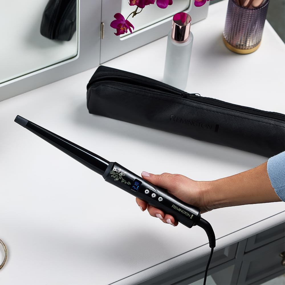 Remington Lockenstab [kegelförmig 13-25mm] Pearl Digital (încărcare ceramică de înaltă calitate cu perle reale) LCD-Display 130-210°C, mănușă termică, bucle naturale, bucle spirale & Beach Waves, CI951