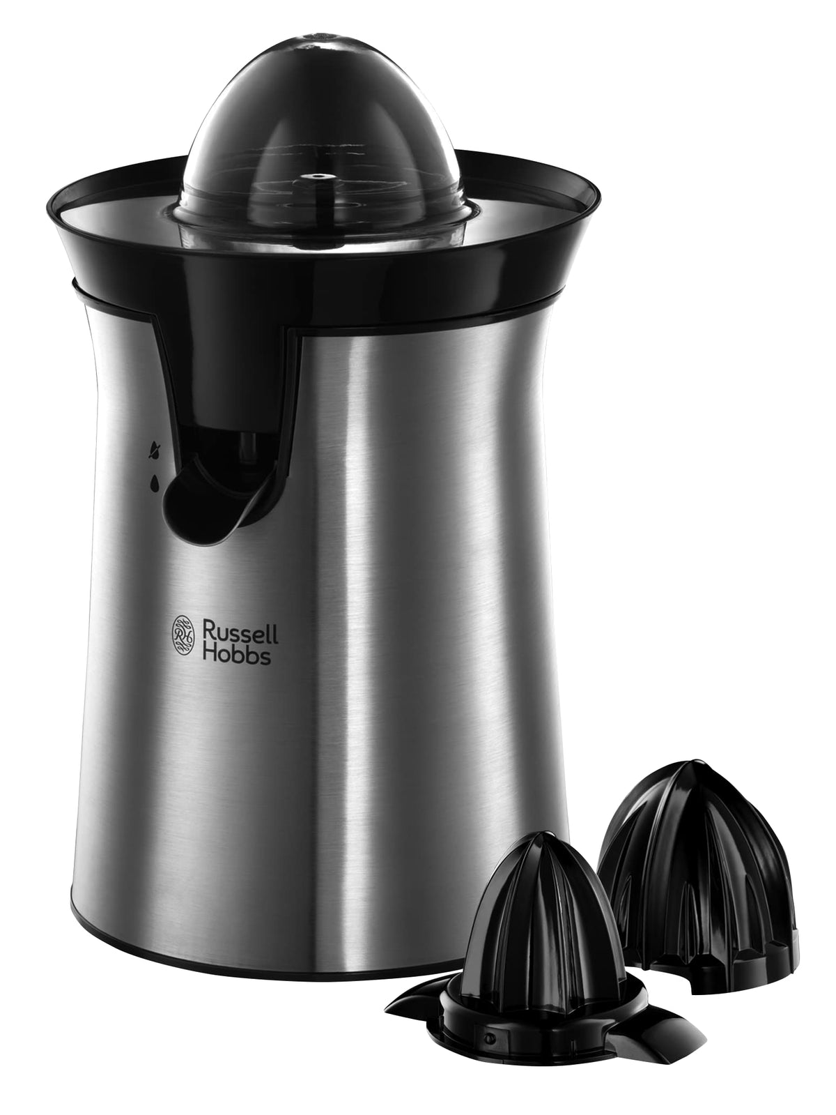 Russell Hobbs storcător de portocale & citrice electric [cu rotație stânga și dreapta, 2 cone de presare pentru lămâi/portocale] din oțel inoxidabil (funcție de oprire a picăturilor, lavabil în mașina de spălat vase, fără BPA) storcător de suc 22760-56