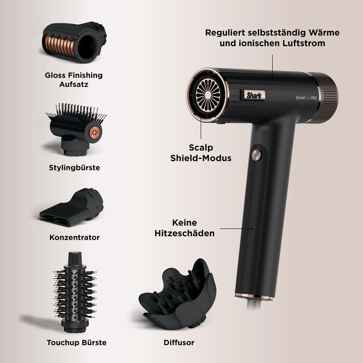 Shark SpeedStyle Pro Uscător de păr, Negru HD752EU, 5 accesorii, HD752EU