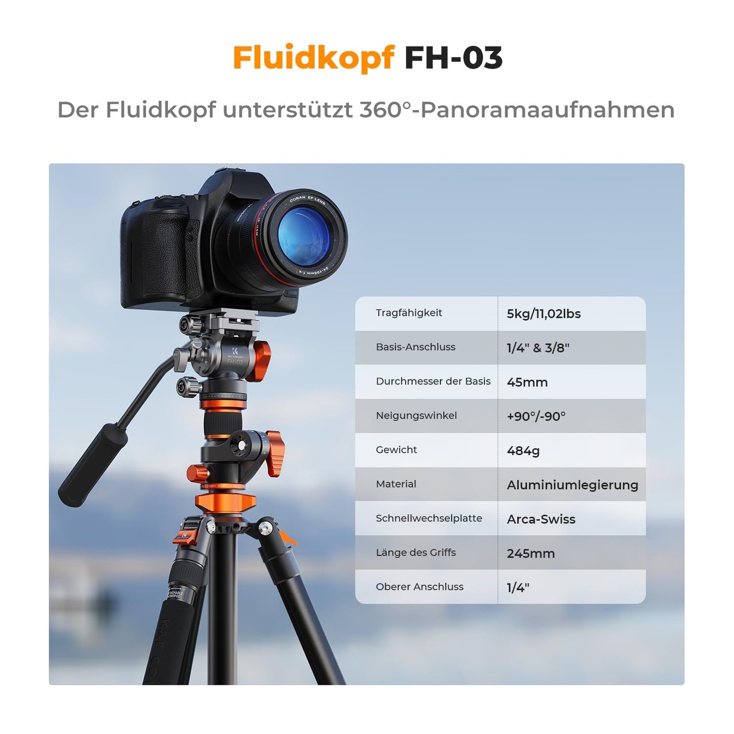 Camera tripod, K&F CONCEPT video tripod video tripod with fluid head, 231cm tripod with 90° center column and removable monopod, aluminum travel tripod T254A7+FH-03 for DSLR, camcorders, cameras