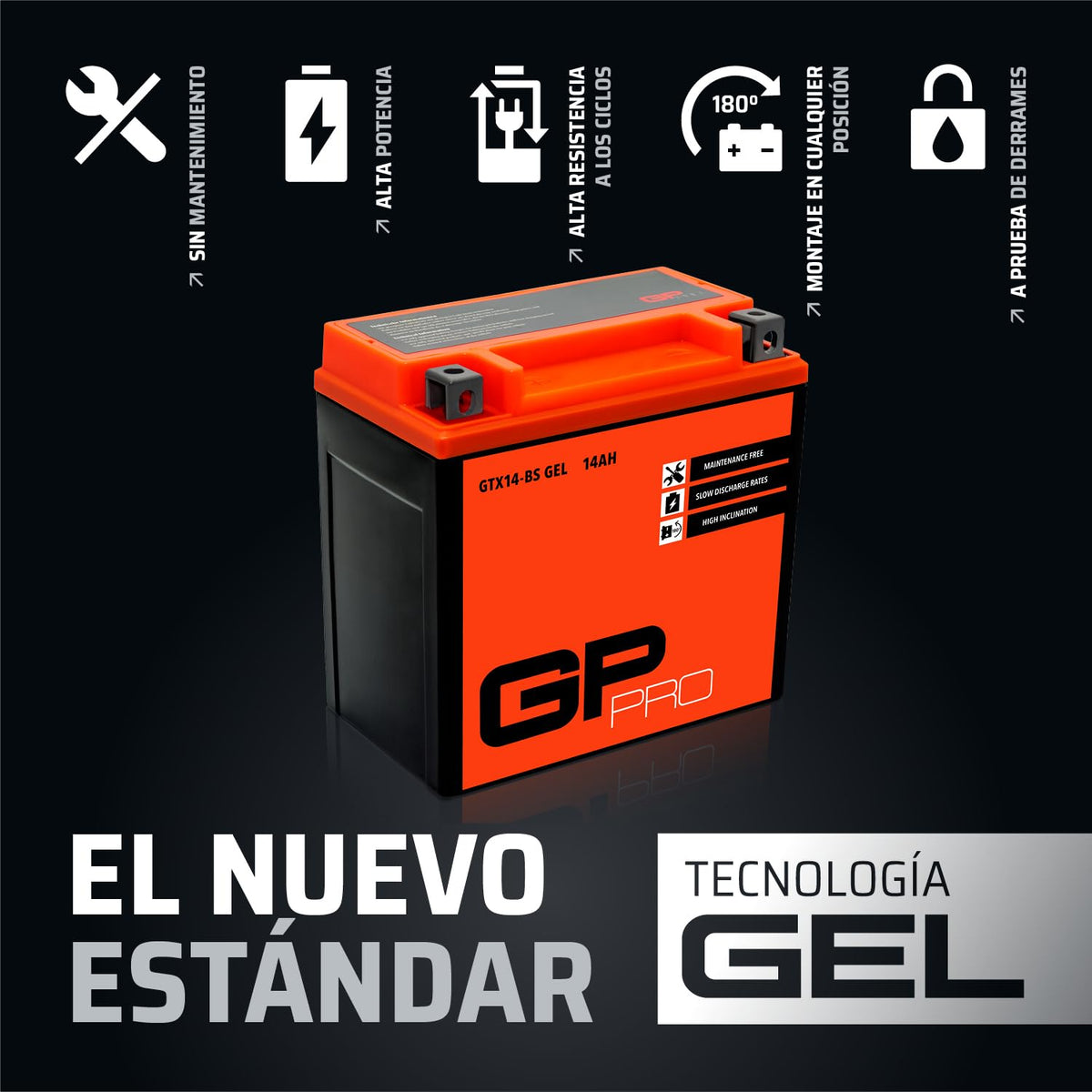 GP-PRO gel scooter battery GTX14-BS 12V 14Ah compatible with Piaggio Medley - GP-008